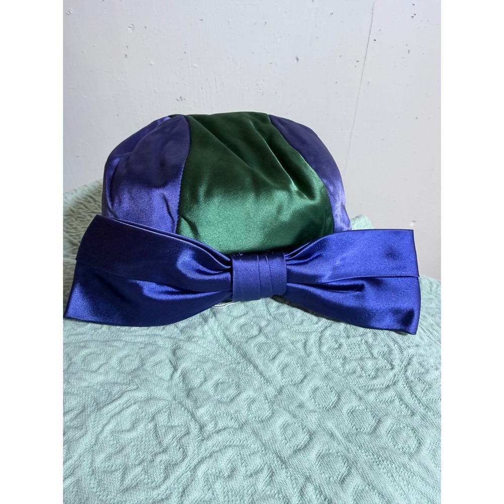 Mr John Jr Turban Hat Womens Blue Green Satin Vintage 50s 60s Bow Pillbox Chic
